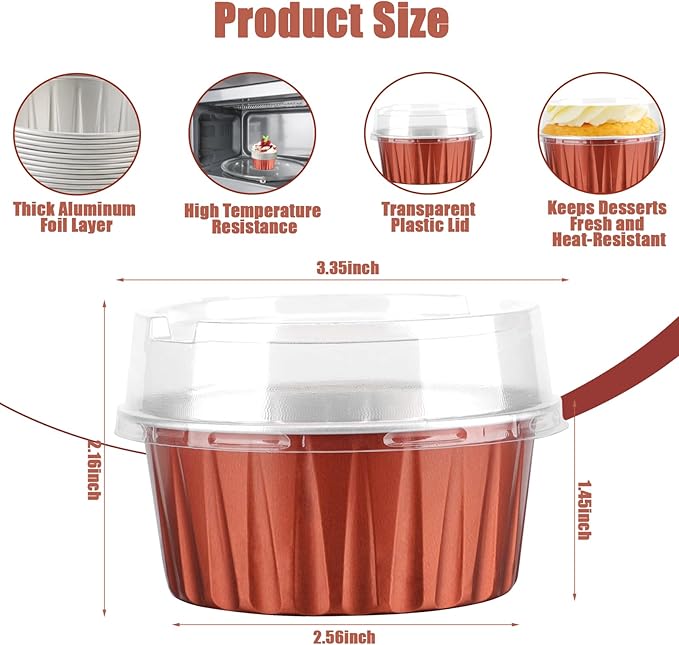 100 Pcs 5 oz Aluminum Foil Cup with Lids Disposable Ramekins with Lids Disposable Ramekin Baking Cups Foil Cupcake Containers for Wedding, Christmas, Kitchen, Party (Caramel, 5 oz)