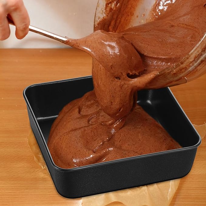 E-far 8x8 Baking Pan, Nonstick Square Cake Pan with Stainless Steel Core, Black Metal Bakeware for Brownies Lasagna Cakes, Non-toxic & Easy Clean, 2 Inch Deep