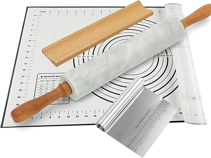 Nonstick Marble Rolling Pin with Wooden Handles and Wooden Resting Base-Ideal for Dough-Pastry Bread Tortillas and Pizza-Essential Baking and Kitchen Tool