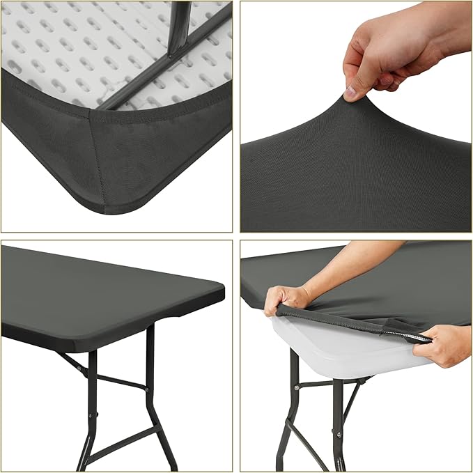 6 Pack Stretch Fabric Table Top Cap Cover, fits 8' Tables, Spandex Table Covers Washable Elastic Universal Rectangle Tablecloth Protector for Indoor Outdoor Party Picnic Wedding, Gray, 30" W x 96" L