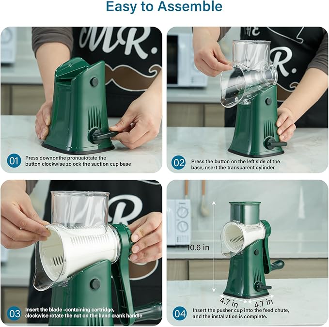 Rotary Cheese Grater Hand Crank, 5 Blades Cheese shredder, Stronger Suction, Easy to Clean for Fruit, Vegetables, Nuts, Green