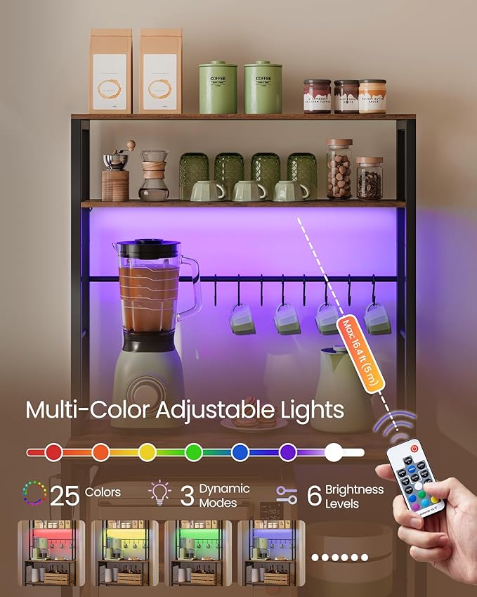 VASAGLE Coffee Bar with LED Lights, Kitchen Bakers Rack with Power Outlet, Microwave Stand with Adjustable Shelves, 8 Hooks, 15.7 x 31.5 x 65.7 Inches, Rustic Brown and Matte Black UKKS050K01
