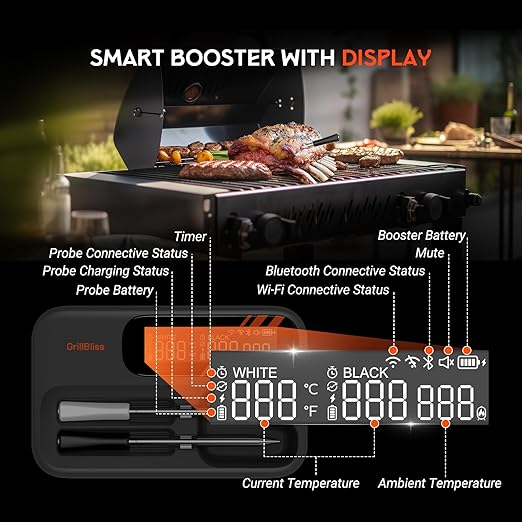 Wireless Meat Thermometer - 5G Wi-Fi and 5.4 Bluetooth Meat Thermometer Digital Wireless for Grilling and Smoking with IP67 Dual Probes and Backlight LCD Display for BBQ, Smoker, Oven, Grill