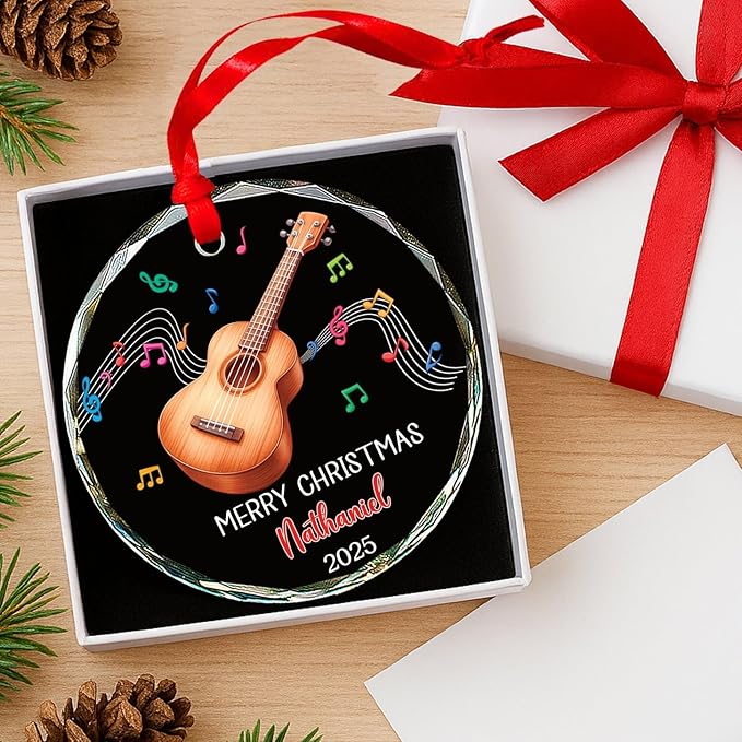 Ukulele Musical Instrument Glass Ornament Xmas 2025, Personalized Instrument Christmas Ornament Gift for Ukulele Player, Ukulelist Keepsake Christmas Tree, Custom Text & Name Musician Glass Ornaments