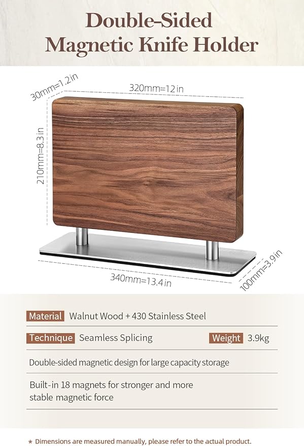 XINZUO Magnetic Knife Block,Natural Walnut Knife Holder Stand for Counter Top,with Strong Magnets,Double Sided Kitchen Knife Storage Rack