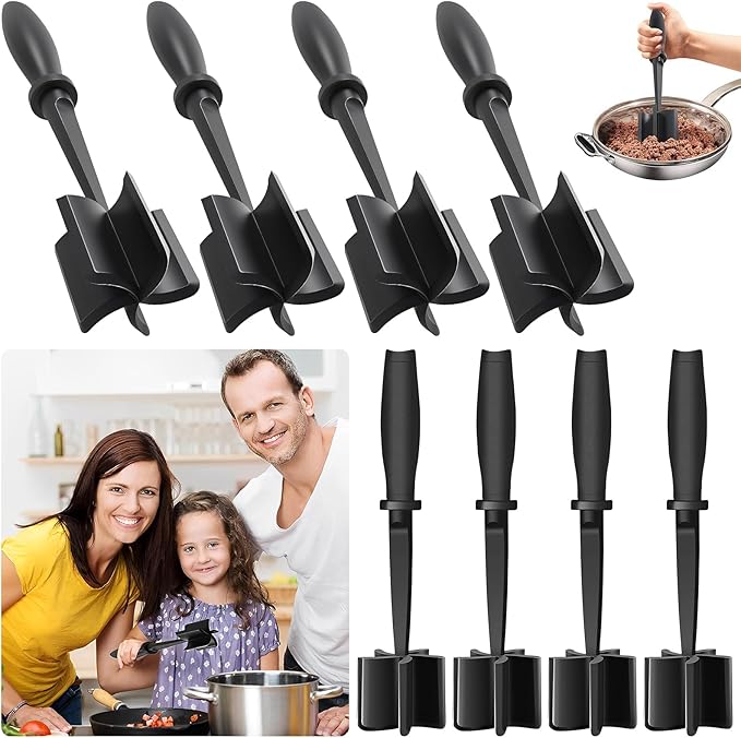 8Pcs Meat Masher, Nylon Nonstick Ground Beef Chopper with 5 Curved Blades & Ergonomic Non-Slip Handle, Heat-Resistant Potato Masher for Kitchen