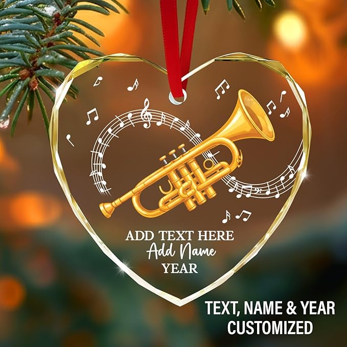 Personalized Text Name Year Trumpet Xmas Glass Ornaments, Trumpet Instrument Christmas Tree Ornament 2025, Trumpetist Christmas Ornament Gift for Men Women, Instrument Themed Xmas Decoration