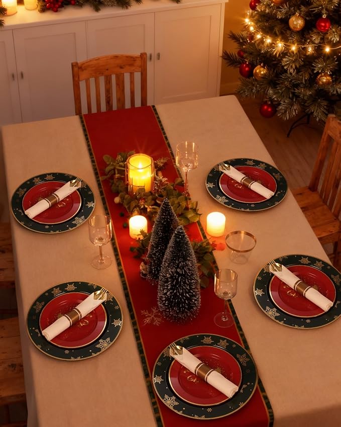 Goodluck 350 Piece Christmas Plates Sets for 50 Guests, Christmas Tableware Disposable for Party, Include 100Plates, 50Pack Pre Rolled Napkins with Silverware, 50Cups for Party, Wedding, Graduation
