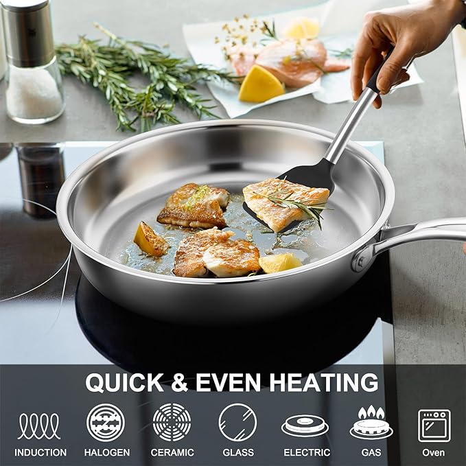 P&P CHEF 12 Inch Stainless Steel Frying Pan, 3-Ply Stainless Steel Pan Skillet, Induction Stir-fry Pan, Oven & All Stoves Safe, Heavy Duty & Even Heat, Dishwasher Safe, Silver, (1 Piece)