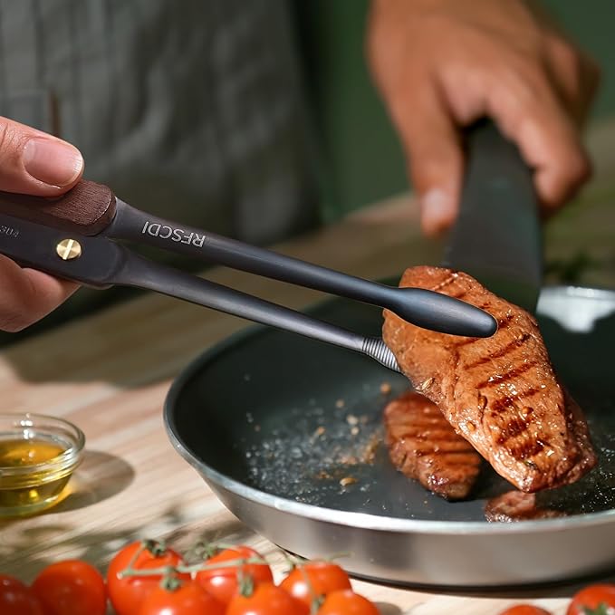 Premium Cooking Tongs - 304 Stainless Steel & Walnut Wood, Comfortable Grip, Non-Slip Design, High Heat Resistant - Ideal for Home, Kitchen, Barbecue & Frying Steak, 9-Inch, Black
