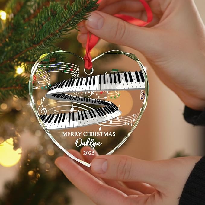 Customized Year Text & Name Keyboard Musical Glass Ornament, Personalized Keyboard Player Christmas Ornaments Gift for Husband Wife Brother Sister Dad Mom, Unique Keyboards Glass Christmas Ornament