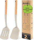 Pack of 2 Silicone Spatula Set with Elegant Wooden Handle, Heat Resistant Solid & Slotted Turner for Non Stick Pans, Great Kitchen Spatulas, Cooking Utensils for Sautéing, Frying and Flipping