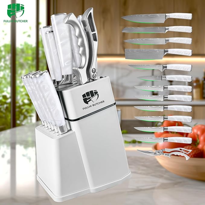 FULLHI 14pcs Block Knife Set, Chef's Knife Steak Knives Set with Block and Sharpener, Kitchen Knife Set, Multi-colour Handle, Gifts for Men Women
