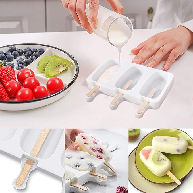 Ouddy Life Popsicle Molds Set of 2, Ice Pop Molds Silicone 4 Cavities Ice Cream Mold Oval Cake Pop Mold with 50 Wooden Sticks for DIY Popsicle, White