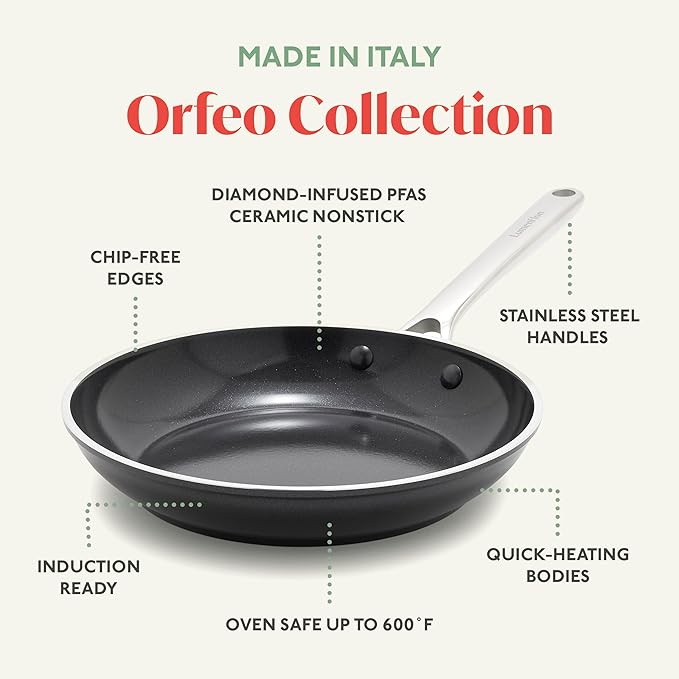 Orfeo 9.5” Nonstick Frying Pan, Made in Italy, Diamond Ceramic PFAS-Free Cookware, Induction Ready, Scratch Resistant, Laser-Fused Surface for Durability, Dishwasher Safe, Black