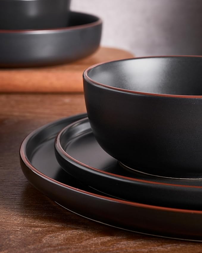 Famiware Mercury Plates and Bowls Sets, 18 Pieces Stoneware Dinnerware Sets, Dishes Set for 6, Microwave and Dishwasher Safe, Matte Black