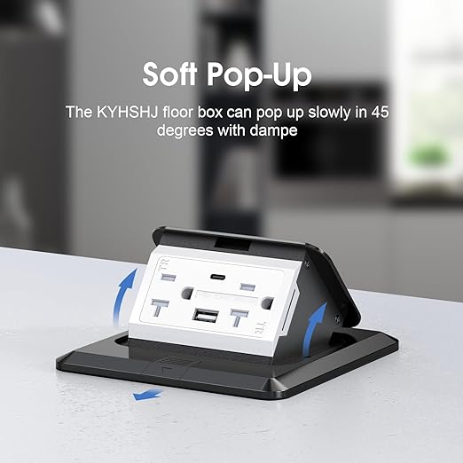 KYHSHJ USB Pop Up Floor Socket Kit with 2 * 20A Receptacle，4.8A 1 USB-A Ports &1 USB-C Port，Corrosive Resistant Hardware,Black