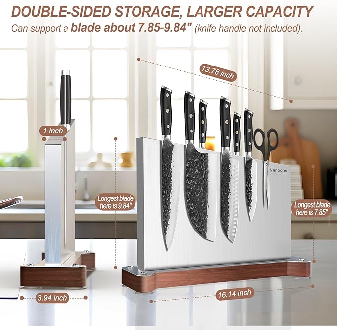 Magnetic Knife Block Without Knives Large Double Side Magnetic Knife Holder Stand with Strong Magnet, Stainless Steel Knife Storage Organizer for Kitchen Counter Knife Rack Three Magnet Strip