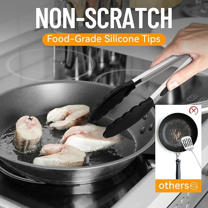 HOTEC Premium Stainless Steel Locking Kitchen Tongs with Silicon Tips, Set of 2-9" and 12"