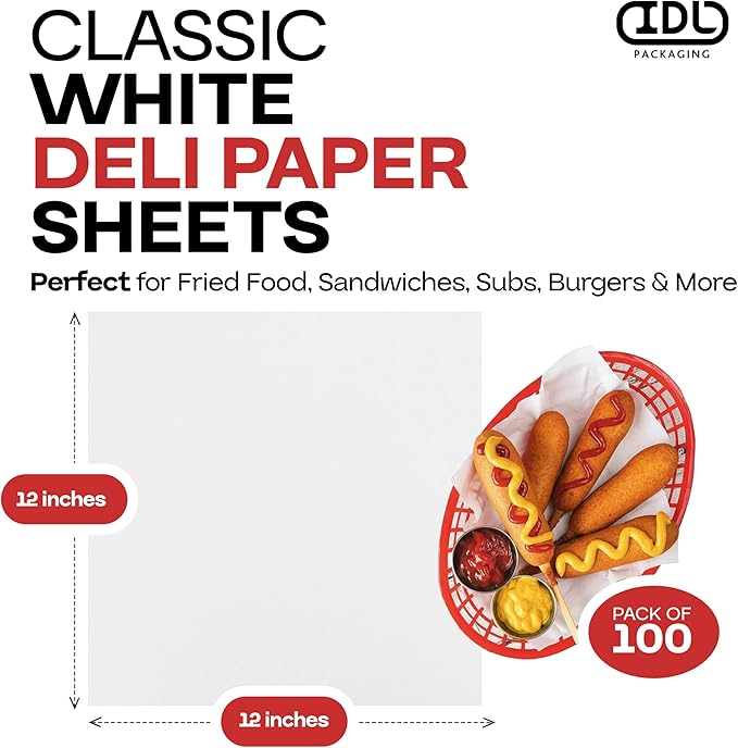 White Deli Paper Sheets, 12" x 12" (100 pcs.) - USA-Made Premium Food Basket Liners - PFAS-Free Grease Resistant Deli Paper Sheets for Snack & Baking Wrap, Picnic & Party by IDL Packaging