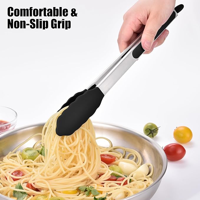 Doosu Kitchen Tongs for Cooking - 600°F Heat Resistant Food Tong with Non-Scratch Silicone Tips, Heavy Duty Stainless Steel Locking Tong for BBQ, Grilling Steak, Serving Salad, Pasta (12in, Black)