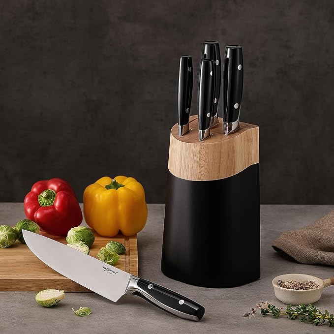 6-Piece Knife Block Sets，Stainless Steel Kitchen Knife Set with Block – High Carbon Black Knives, Dishwasher Safe，Holiday Gift
