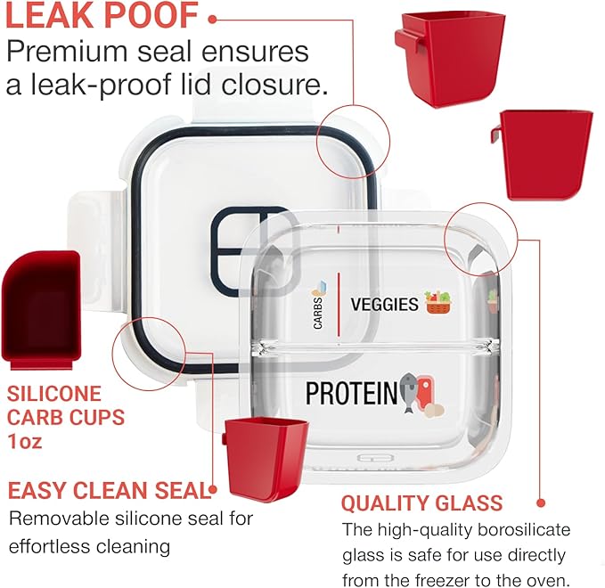 Portion Control Containers for Bariatric Meals – 8 oz Glass Meal Prep Containers with Two 4 oz Compartments and Lids (3 Pack), Reusable Bento Lunch Boxes