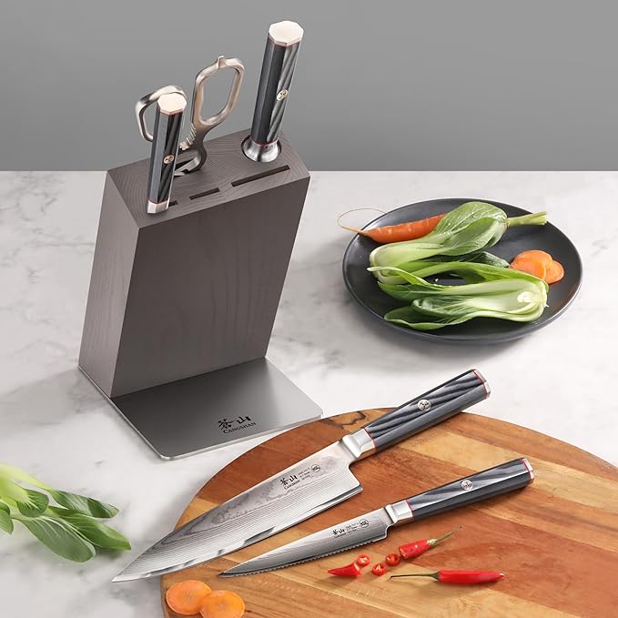 Cangshan YARI Series HUA Knife Block Set, X-7 Damascus Steel, Ash Wood Block (6-Piece)