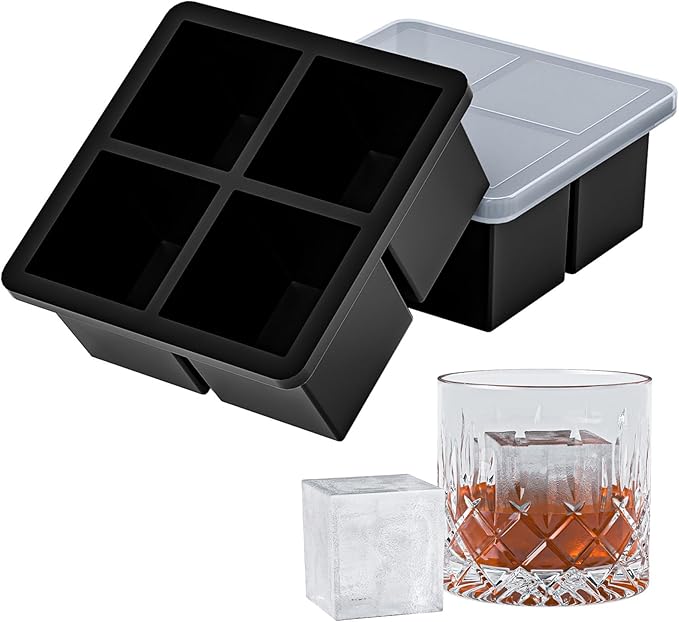 Bangp Large Ice Cube Tray for Whiskey,Silicone Ice Cube Trays 2 Pack,Large Ice Cube Molds with Leak Proof Removable Lid,Square Ice Cube Tray for Whisky and Cocktail