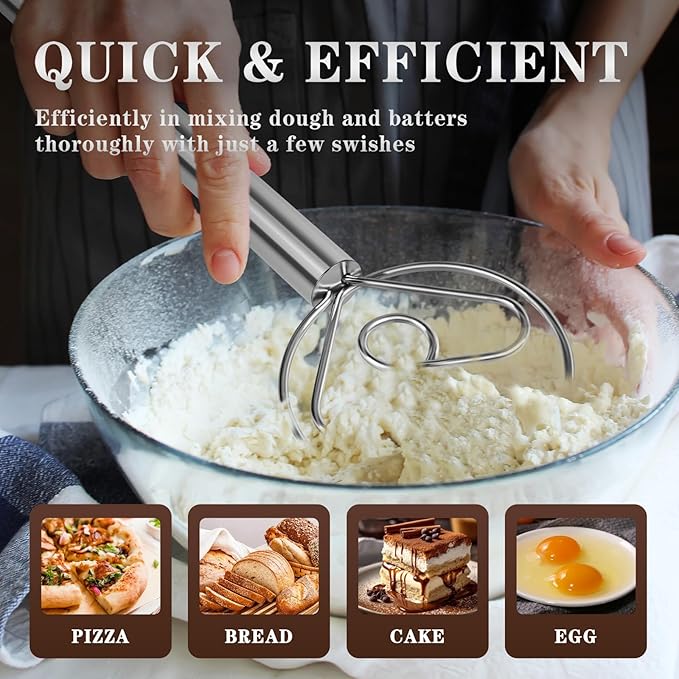 TEEVEA Danish Dough Whisk with Stainless Steel Hook Dutch Style Bread Mixer for Sourdough Baking Tools