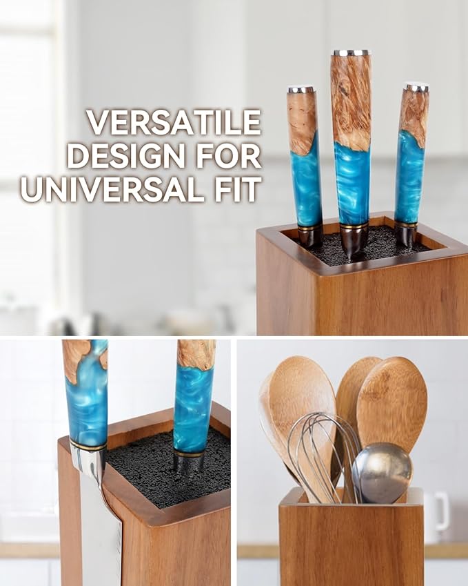 Magnetic Knife Block 360° Rotating Wood Universal Knife Holder with Four Side Ultra Strong Magnets, Knife Storage Rack with Removable Bristles, Multifunctional Storage for Kitchen Counter Top