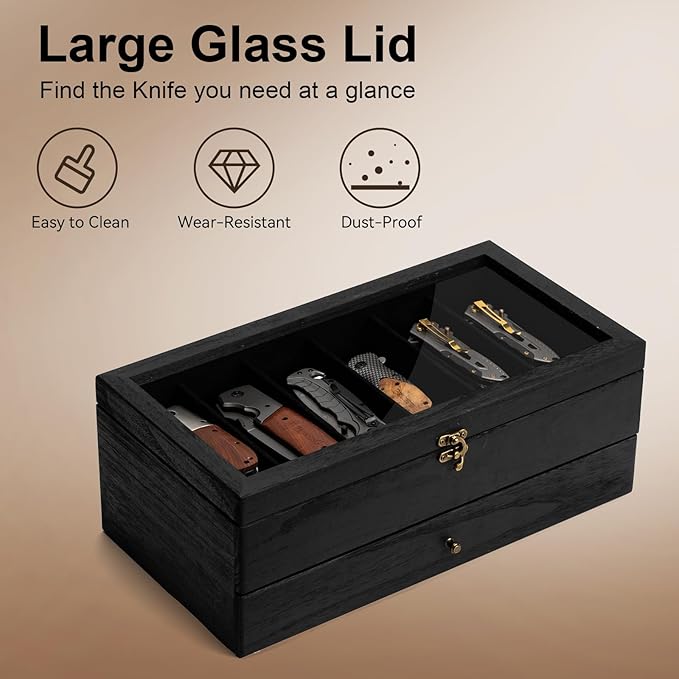 Knife Display Case, 2-Layer Pocket Knife Case Display & Storage Knives, Solid Wood Knife Case for Collections, Gift for Boyfriend Fathers Day Birthday Gifts(Black)