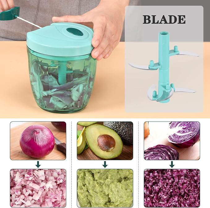 Cambom Manual Food Chopper Vegetable Cutter, Hand String Vegetable Chopper Onions Cutter for Vegetable Fruits Nuts BPA Free Food Safe Material, 900ml Blue