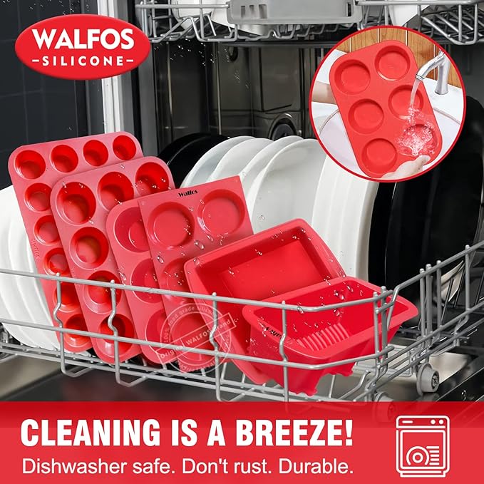 Walfos Silicone Muffin Pan - 6 Cup Non-Stick Cupcake Pan for Baking, Food Grade and BPA Free, Perfect for Egg Muffin, Cupcake, Quiches and Frittatas (3 Pack)