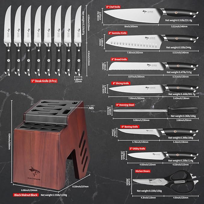 MAD SHARK Knife Set, 17 Pieces Kitchen Chef Knife Set with Block, Precision Forged High Carbon Stainless Steel Ultra Sharp Knives Block Sets, Home Cooking Perfect Cutlery Set Gift Box