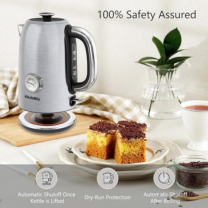Electric Tea Kettles1500W, 1.7L Stainless Steel Tea Kettle with Thermometer, Auto Shut-Off & Boil-Dry, Cool Touch Handle, BPA Free (Stainless steel)