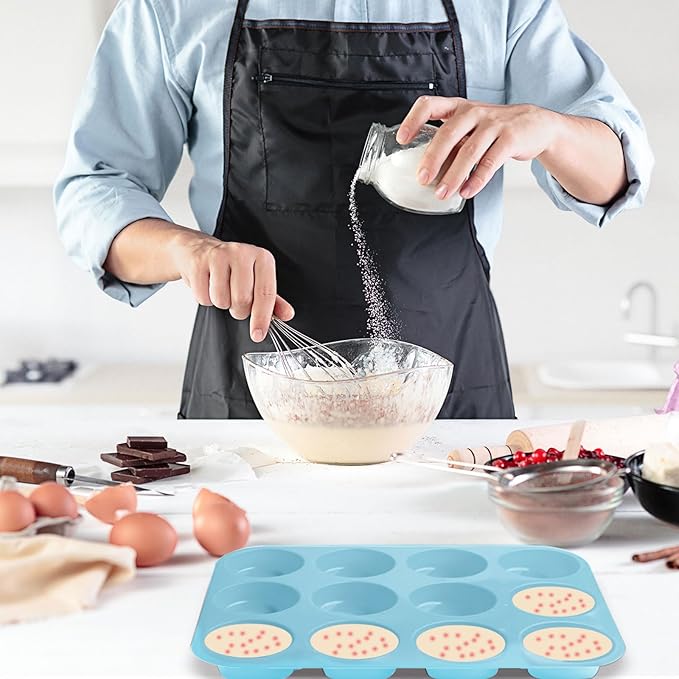 12 Cups Silicone Muffin Pan, Nonstick Cupcake Pan, Heat Resistant Silicone Muffin Tin, Reusable Cupcake Moulds Baking Pan for Cakes, Bread (Blue-2 Packs)
