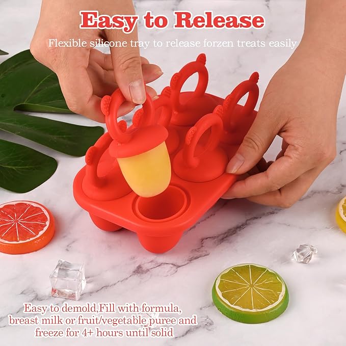 WMKGG Baby Popsicle Molds, Breastmilk Popsicle Molds for Teething Relief with Sticks, Baby Food Freezer Tray, Storage Container for Homemade Food(Red)