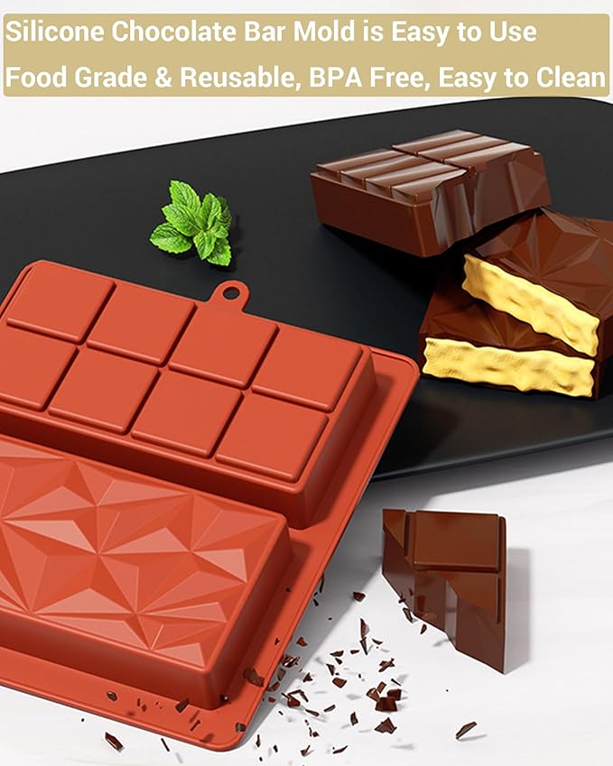 Silicone Chocolate Bar Mold, 1 Inch Deep, Large Candy Mould for Stuffed Bars and Fillings, 2 Pcs