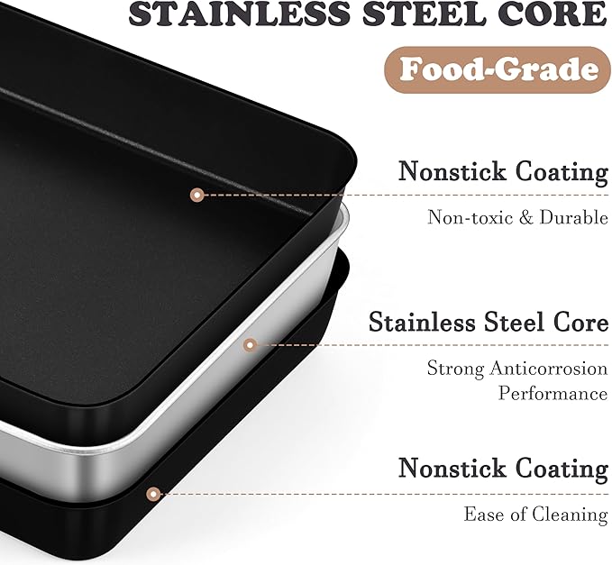 E-far 12.5 x 9.7 Inch Baking Pan, Nonstick Stainless Steel Rectangle Cake Pan for Baking Brownies Casseroles Lasagna, Stainless Steel Core & Nonstick Coating, Non-toxic & Oven Safe