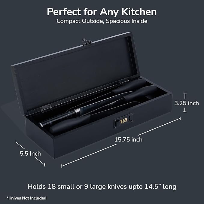 Upgraded Combination Lock Bamboo Locking Kitchen Knife Storage – Secure & Eco-Friendly Wooden Knife Box with Improved Quality, Fits in Drawers & Keeps Knives Safe (Black)