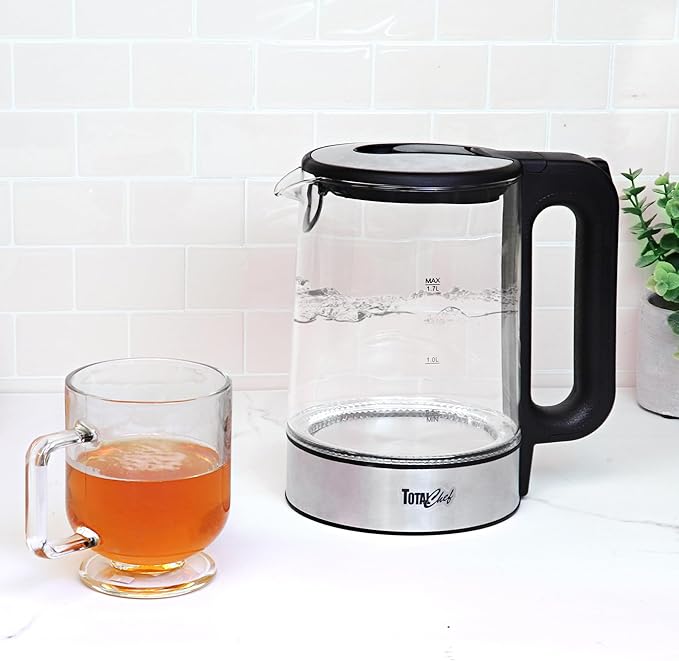 Total Chef Electric Glass Kettle 1.7L – Fast Boil, BPA-Free Borosilicate Glass, LED Light, Auto Shut-Off, Boil-Dry Protection, Cordless Water Boiler for Tea & Coffee, Kitchen Appliance