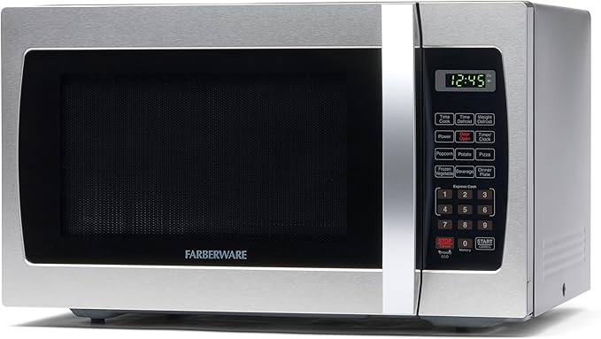 Farberware Countertop Microwave Oven 1000 Watt Power Auto Cook Settings, Defrost, Easy Clean and Child Safety Lock, 1.3 Cu. Ft, Stainless