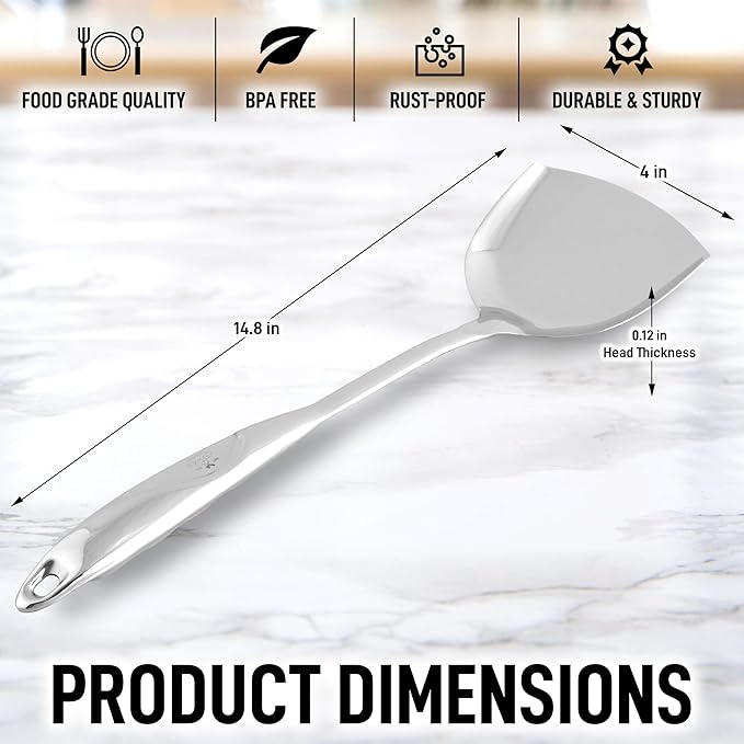 Zulay Kitchen Stainless Steel Wok Spatula - 14.8” Heat-Resistant Metal Turner for Stir-Fry, Sauté & Grilling - Durable, Rust-Proof & Dishwasher Safe Kitchen Utensil for Everyday Use