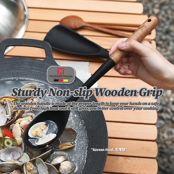 Set of 2pc Silicone Cooking Utensils: Wooden Handle Cooking & Serving Spoon+ Multi-Purpose Cooking Spoon, Heat Resistant Cooking Utensil, BPA Free, Safe Material for All Cooking Surfaces