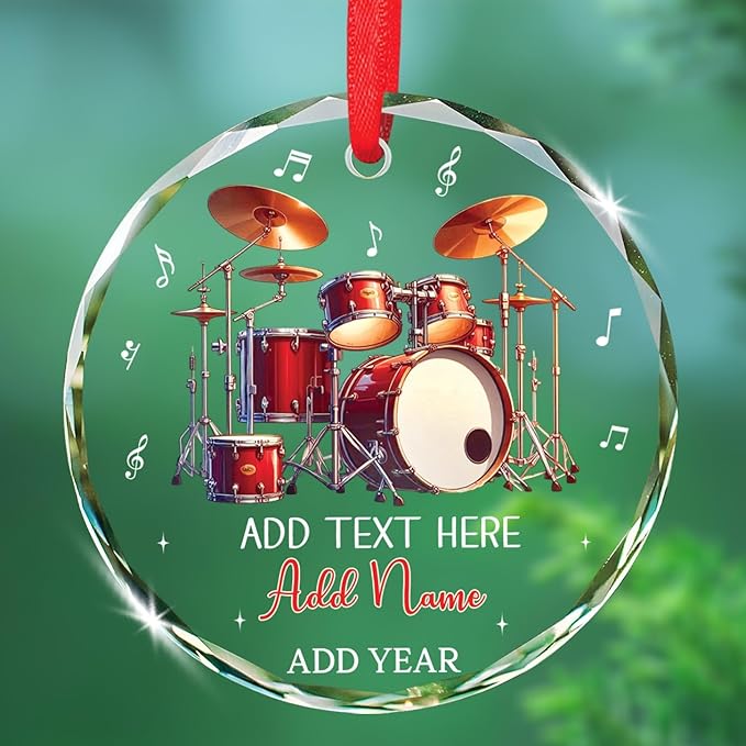 Personalized Drum Glass Ornament Gift for Band Drummer, Musical Instrument Ornament Christmas 2025, Custom Text & Name Drum Player Xmas Glass Keepsake, Instrument Lover Ornaments Christmas Tree Decor