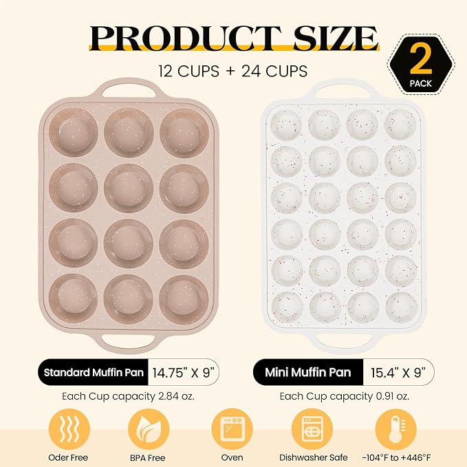Vinino 2Packs Silicone Muffin Pans for Baking with Metal Reinforced Frame, 12 Cups Regular and 24 Cups Mini Nonstick Cupcake Pan, BPA Free Oven Dishwasher Safe Baking Mold for Muffins Cupcakes