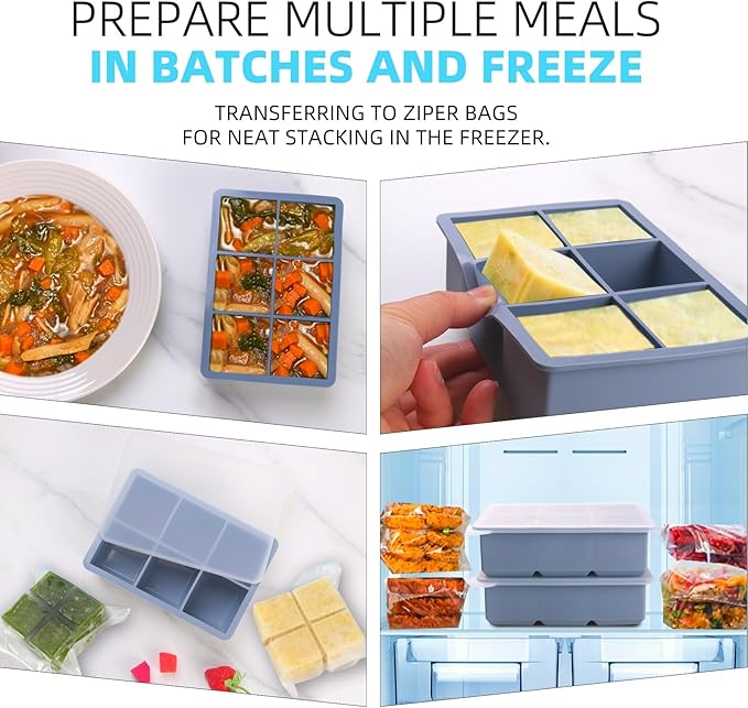 1/2 Cup Silicone Freezer Tray With Lid,Silicone Freezer Molds 6-Pack For meal prep & freezing of various sauces and other dishes, makes 36 perfect 1/2 cup portions cubes (Multicolor 6 Pack)