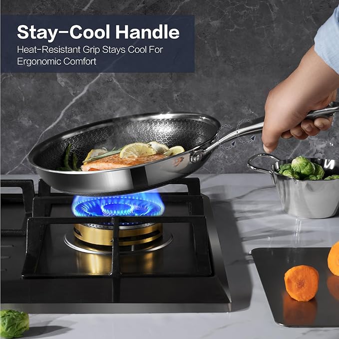 Nonstick Frying Pans with Lid,8/10/12 inch Stainless Steel Skillet Set with Honeycomb Surface, Induction Compatible, Oven & Dishwasher Safe, PFAS-Free Cookware Sets (Stainless Steel, Frying Pan 6PCS)