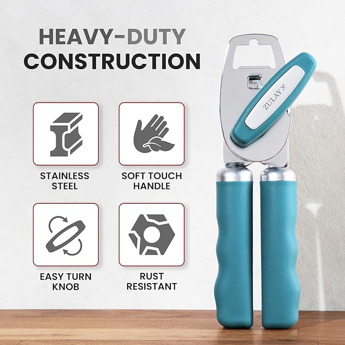 Zulay Kitchen Heavy Duty Stainless Steel Can Opener Manual with Bottle Opener - Rust Proof Manual Can Opener With Turn Knob & Comfy Soft Grip Handles - Dusty Blue